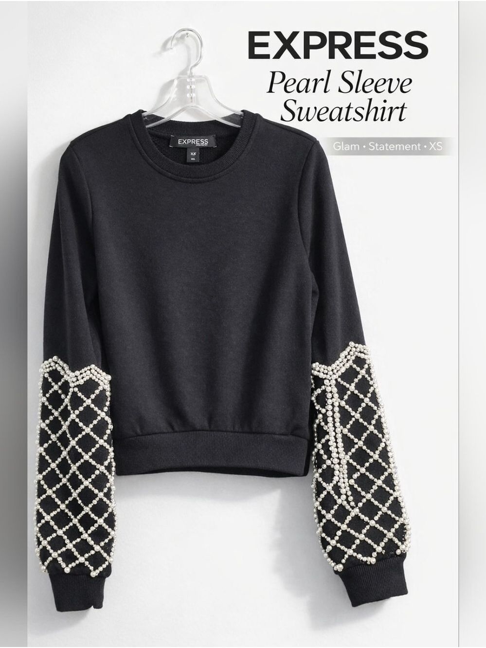 EXPRESS Black Pearl Rhinestone Sweatshirt Glam Statement XS Extra Small